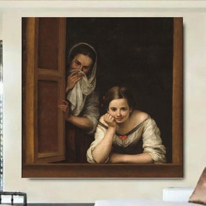 Two Women At A Window 1655 Spanish Painting,By Bartolome Esteban Murillo Repro,By Bartolome art,room decor,canvas print decor, office decor,