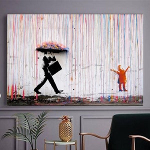 Coloured Rain,Rain Wall Art,Huge Banksy,Banksy Wall Art,Banksy Canvas,Rain Umbrella,Umbrella Man Banksy Style,banksy decor,
