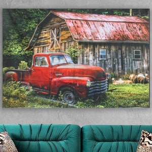Red Truck ,David Textiles ,Farm, Red Truck at The Barn with Sheep Multicolor, red turuck poster,