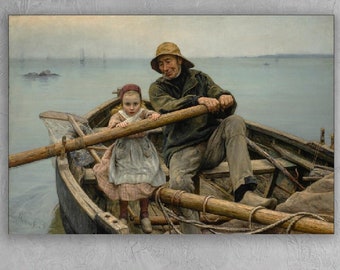 Helping Hand,1881,Emile Renouf, Old Fisherman helping young girl to row the boat,canvas print,Helping Hand art,Canvas Reproduction,