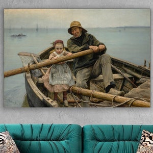Helping Hand,1881,Emile Renouf, Old Fisherman helping young girl to row the boat,canvas print,Helping Hand art,Canvas Reproduction,