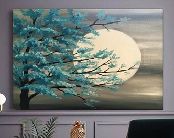Tree and Moon,tree wall art, green tree decor, moon canvas, moon living decor, green tree canvas, tree print decor, tree home decor
