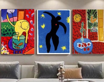 Conjunto de 3, HENRI MATISSE, La caída de Ícaro, El gato con pez rojo, Interior rojo, Naturaleza muerta sobre una mesa azul, 1947, de Henri Matisse