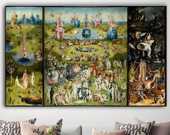 May include: A triptych painting depicting a fantastical landscape with a central panel showing a large gathering of people, a left panel showing a garden with a tower, and a right panel showing a dark, chaotic scene with a hellish landscape.
