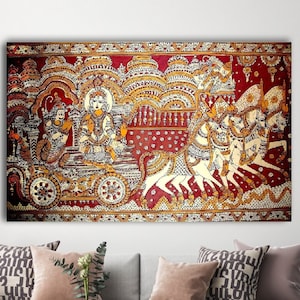 krishna with, arjun indian art,rolled madhubani, canvas wall art, Religious canvas , Roll indian painting, indian home decor, indian canvas