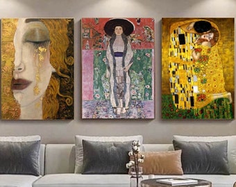 Set Of 3,Gustav Klimt,Portrait of Adele, Bloch-Bauer, Gustav Klimt canvas, The Kiss print,Museum Exhibition, living room decor, print decor