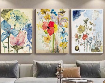 Set Of 3,Salvador Dali, Fleurs 1948,Surrealism art,Flowers canvas,Dali canvas art, living room decor,Dali print art, Picture wall art