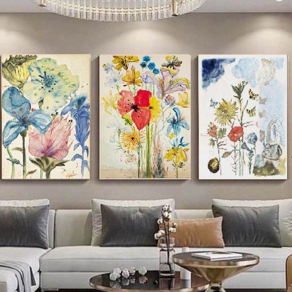 Set Of 3,Salvador Dali, Fleurs 1948,Surrealism art,Flowers canvas,Dali canvas art, living room decor,Dali print art, Picture wall art