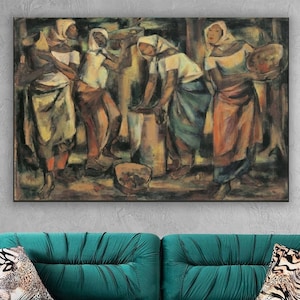 Puede incluir: Una pintura que representa a cinco mujeres en un grupo, de pie en fila. Las mujeres visten ropa colorida y cubiertas para la cabeza. La pintura est&aacute; realizada en un estilo estilizado y abstracto con colores y pinceladas audaces.