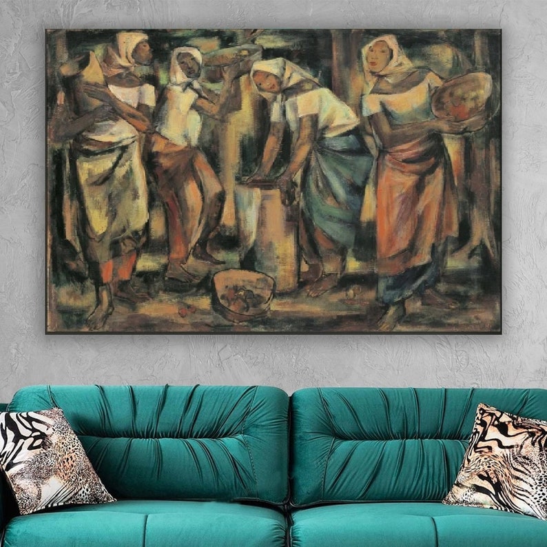Puede incluir: Una pintura que representa a cinco mujeres en un grupo, de pie en fila. Las mujeres visten ropa colorida y cubiertas para la cabeza. La pintura est&aacute; realizada en un estilo estilizado y abstracto con colores y pinceladas audaces.