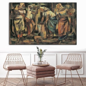 Puede incluir: Una pintura que representa a cinco figuras en un grupo, con una cesta de fruta en primer plano. Las figuras est&aacute;n vestidas con ropa colorida y parecen estar involucradas en una conversaci&oacute;n o actividad. La pintura est&aacute; realizada en un estilo estilizado y expresivo con pinceladas audaces y una paleta de colores limitada.