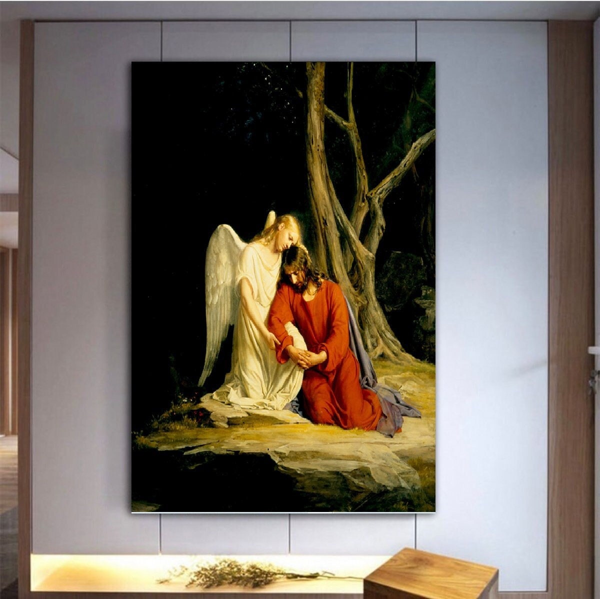 Carl Bloch Angel,Comforting Jesus,Before His Arrest, in the Garden ,of Gethesemane,Carl Bloch Angel art,Jesus decor,modern picture art,