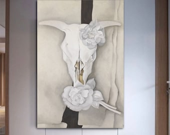 Georgia O'Keeffe, georgia okeeffe Kunst, Kuhschädel mit Glöckchenrosen 1931,, modernes Bild Kunst, Natur Landschaft Kunst,Georgia O'Keeffe Plakat,