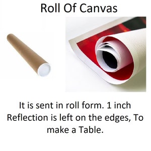 May include: A rolled canvas painting is shown in a cardboard tube. The canvas is rolled up tightly and has a white edge. The text "Roll Of Canvas" is at the top of the image. The text "It is sent in roll form. 1 inch Reflection is left on the edges, To make a Table." is at the bottom of the image.
