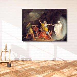 May include: A framed canvas print of a classical painting showing a dramatic scene with figures in historical dress. The artwork features a central figure in white, surrounded by others in various poses and colours, set against a dark, cave-like background.
