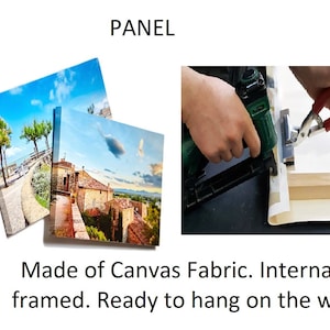 May include: Two canvas prints with landscape scenes are shown. The prints are framed and ready to hang on a wall. A close-up of a hand using a staple gun to attach the canvas to the frame is also shown.