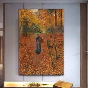 By Friedrich Kallmorgen, 1893,Holzsammlerin im,Herbstwald,living room decor,Friedrich Kallmorgen art,Herbstwald decor, canvas print art