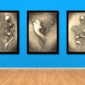 Set Of 3,Love Heart decor,Silver Canvas Wall Art,Silver 3D Effect,Love Heart Poster,Silver Wall Decor