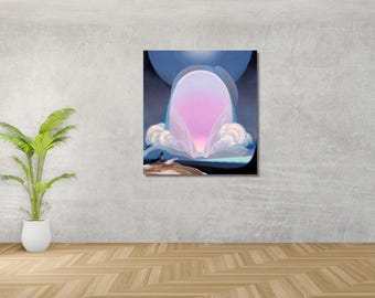 May include: An abstract painting depicts a glowing pink and white form emerging from a dark blue background, resembling a portal or light source. Fluffy white clouds frame the bottom of the form. The artwork is mounted on a gray wall.
