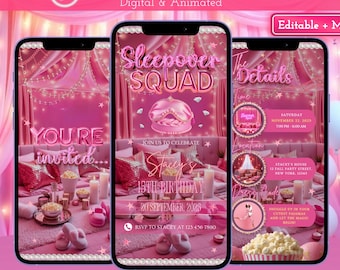 Animierte Sleepover Einladung, Pink Pyjama Party Video einladen, Slumber Geburtstag Vorlage, bearbeitbare Evite, Girls Night Digital Download