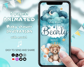 Animated Baby Shower Bear Invitation Digital We Can Bearly Wait Baby Shower Invite Boy Baby Shower Text Evite Template Bear with Balloons