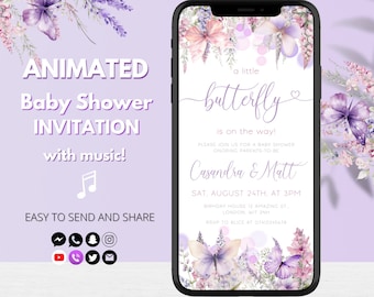 Butterfly Baby Shower Invitation | Purple Butterfly Baby Shower Video Invite | Pink Purple Butterflies Invite Flowers