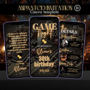 May include: A digital invitation for a 30th birthday party with a casino theme. The invitation features a black background with gold accents and images of playing cards, dice, and poker chips. The text reads "Game Night" and "You're invited to Oliver's 30th birthday". The date of the party is February 14, 2024, and the location is Casino Palace, Game Night Street, New York, 12345. The dress code is to "Channel your alter ego and let the player power glow!"