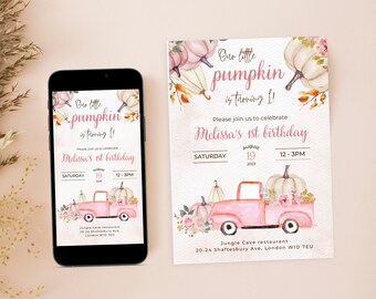 May include: A pink and white invitation for a first birthday party with a watercolor illustration of a pink truck carrying pumpkins and flowers. The text reads "Our little pumpkin is turning 1!" and "Melissa's 1st birthday".