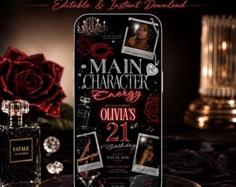 21st Birthday Invitation Template, Main Character Birthday Invite, Red Black Coquette Party, Editable Canva Invitation