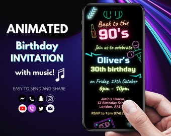90s Birthday Invitation Template for Men Back to 90s Birthday Party Invitation Digital Neon 30th Birthday Party Text Evite