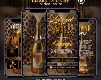 Luxus-Leoparden-Geburtstags-Videoeinladung - Let’s get wild bearbeitbare Champagner-Party Einladung zum 30