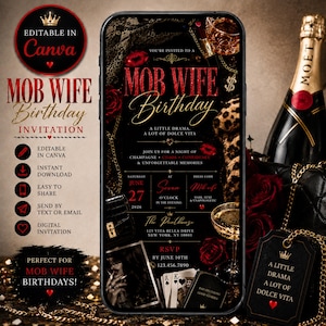 Peut inclure: Une invitation d'anniversaire numérique affichée sur un écran de smartphone avec un fond noir et du texte rouge pailleté indiquant MOB WIFE Birthday. Le design inclut des roses rouges, un motif léopard, une coupe de champagne et des cartes.