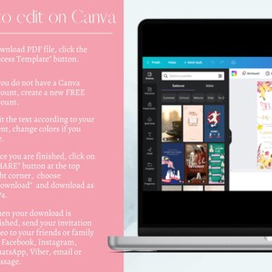 K&ouml;nnte beinhalten: Ein Laptop-Bildschirm zeigt ein Canva-Tutorial mit Anweisungen zur Bearbeitung von Vorlagen. Der Bildschirm zeigt ein Design f&uuml;r eine Babyparty-Einladung. Text auf der linken Seite enth&auml;lt Schritte zum Herunterladen und Teilen des Designs als MP4.