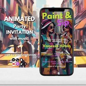 Digital Sip And Paint Party Invitation | Adult Painting Party Invite | Animated Wine Party Invitation Template