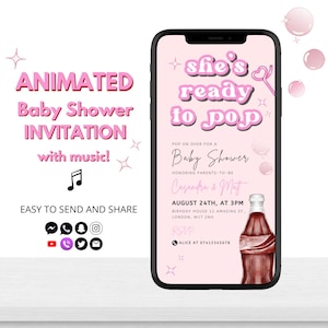 She’s Ready to Pop Animated Baby Shower Invitation – Soda Pop Theme for Girl or Gender Neutral, Retro Summer Invite, Instant Download