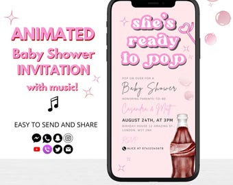 She’s Ready to Pop Animated Baby Shower Invitation – Soda Pop Theme for Girl or Gender Neutral, Retro Summer Invite, Instant Download