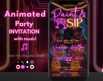 May include: A digital invitation for a "Paint & Sip" party hosted by Vanessa Hilton. The invitation features a neon pink and purple design with a graphic of two women holding wine glasses. The party is scheduled for Saturday, October 22, 2024, from 8 PM to 2 AM at Painting House, 12 Paint Street, New York. Contact Anna at 07412345678 for more information.