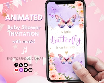 Animated Butterfly Baby Shower Invitation Digital Girl Baby Shower Invite with Butterflies Video Evite For Girl with music