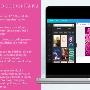 K&ouml;nnte beinhalten: Ein Laptop-Bildschirm zeigt die Canva-Oberfl&auml;che mit einem Bearbeitungs-Tutorial. Der Bildschirm zeigt ein rosa Einladungsdesign mit der Aufschrift "Willst du mein Valentin sein?" Anweisungen auf rosa Hintergrund erkl&auml;ren, wie man das Design bearbeitet und herunterl&auml;dt.