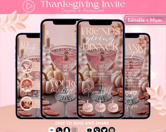 Bearbeitbare Friendsgiving Dinner-Einladung, Blush Pink Thanksgiving-Party animierte Evite mit Musik, digitale Einladungsvorlage