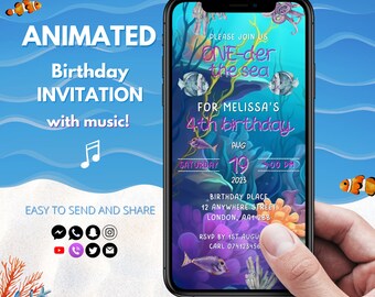 Inbjudan till födelsedagsfest under havet, digital animerad inbjudan till havsfödelsedagsfest, redigerbar inbjudan till sommarfödelsedagsfest för barn