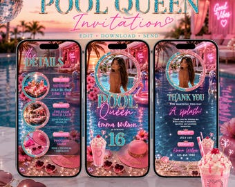 Sweet 16 Pool Party Invitation Template, Pool Queen Birthday Invite, Editable Canva Mobile Invitation, Pink Summer Birthday