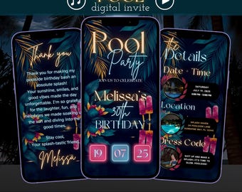 May include: A digital invitation for a pool party celebrating Melissa's 30th birthday. The invitation features a tropical theme with palm leaves and a blue and green color scheme. The text on the invitation reads "Pool Party" and "Join us to celebrate Melissa's 30th Birthday". The date and time of the party are listed as Saturday, July 19, 2025, from 8:00 PM to 12:00 AM. The location is listed as Splash Haven, 24 Poolside Lane, Sunshine Bay, FL 12345. The dress code is "Suit up and make a splash - it's time to glow, poolside!"