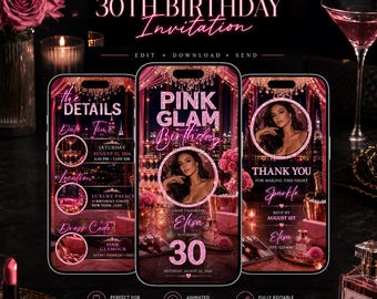 Pink Glam Birthday Invitation Template, 30th Birthday Invite, Editable Canva Mobile Invite, Neon Pink Party Invitation