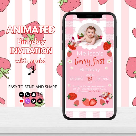 Berry First Birthday Invite, Strawberry Themed Digital Invitation Template, Editable Summer 1st Birthday Girl Invitation