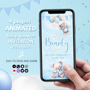 Invito per baby shower con orso Invito video per ragazzo Possiamo aspettare con pazienza Invito per baby shower / Orso con palloncini / Inviti per baby shower