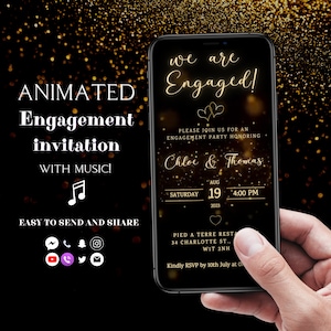 Engagement Party Invitation Digital Black and Gold Engagement Invite Video Electronic Engagement Invitation with music