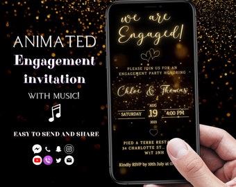Engagement Party Invitation Digital Black and Gold Engagement Invite Video Electronic Engagement Invitation with music
