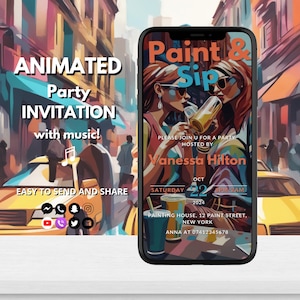Paint And Sip Invite | Wine Digital Party Wine Tasting Art Party | Ladies Night | Animated Birthday Celebration Invite For Women