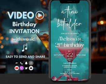 Wideo z zaproszeniem na urodziny Tini Bit Older, zaproszenie na urodziny Martini, kolacja urodzinowa na 30. urodziny, edytowalne zaproszenie na koktajl Canva